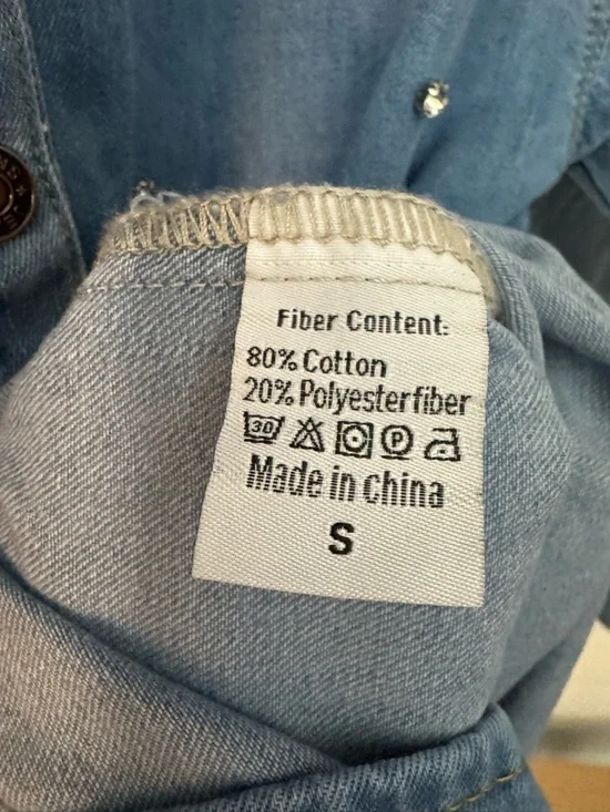 Oversized Blue Denim Pearl-Studded Button-Front Shirt - Picture 6 of 7